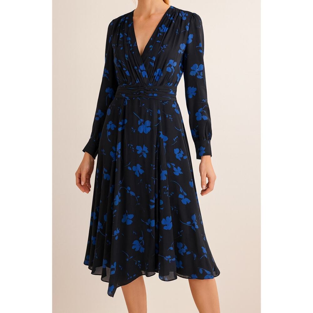 Parker Fulton Stems Long Sleeve Black & Blue Silk Blend Dress Medium